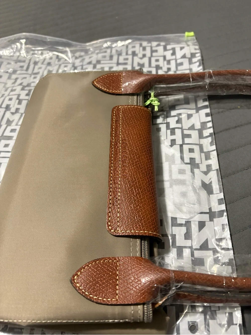 Longchamp Taupe Tote with Brown Trim and Chestnut Handles